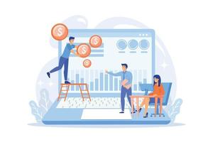 Tiny business people and analysts transforming data into money. Data monetization, monetizing of data services, selling of data analysis concept. flat vector modern illustration