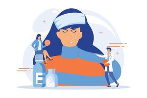 Sick woman with flu and cold symptoms and doctors, tiny people. Seasonal flu, contagious respiratory illness, influenza viruses treatment concept. flat vector modern illustration