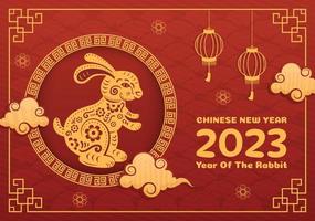 Chinese Lunar New Year 2023 Day of the Rabbit Zodiac Sign Template Hand Drawn Cartoon Flat Illustration with Flower, Lantern and Red Color Background vector