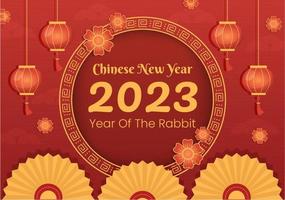 Chinese Lunar New Year 2023 Day of the Rabbit Zodiac Sign Template Hand Drawn Cartoon Flat Illustration with Flower, Lantern and Red Color Background vector