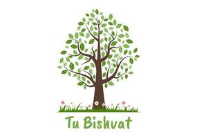 Tu BiShvat Template Hand Drawn Cartoon Flat Illustration Blooming tree with Objects of Seven Species of Fruits on White background Design vector