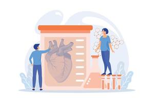 Scientists growing big heart in test tube in laboratory. Lab-grown organs, bioartificial organs and artificial organ concept on white background.  flat vector modern illustration