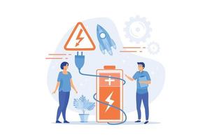 Engineers make recharging battery safe with plug and high voltage warning sign. Safety battery, protected energy device, battery safety use concept. flat vector modern illustration