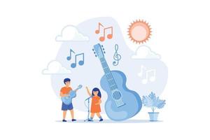 los niños felices disfrutan cantando y tocando la guitarra en el campamento de verano, gente pequeña. campamento musical, jóvenes talentos musicales, concepto de cursos de música y canto. ilustración moderna de vector plano