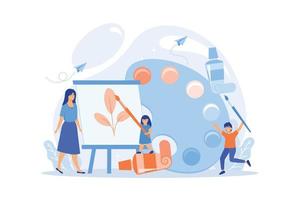 Female artist at easel teaching children painting with palette and brushes, tiny people. Art studio, open art classes, modern arts gallery concept. flat vector modern illustration