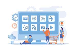 Tiny people with laptop, shopping cart using smart TV with apps. Smart TV applications, smart TV marketplace, television app development concept. flat vector modern illustration