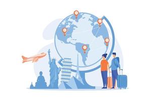 Tourists visiting Europe, America, Asia. Sightseeing tour for family vacation. Romantic couple enjoying worldwide journey, honeymoon. flat vector modern illustration