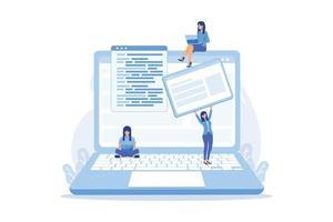 A girl makes a post on big laptop. Bloger is shareing information in weblog, online journal or informational website. Bloging and personal web log concept. Violet palette. vector