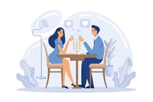 feliz pareja enamorada en una cita romántica sentada en la mesa y bebiendo vino, gente diminuta. cita romántica, relación romántica, concepto de historia de amor. ilustración moderna de vector plano