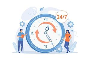 Businessman and woman near huge clock with round arrows working 24 7. 24 7 service, business time schedule, extended working hours concept.  flat vector modern illustration