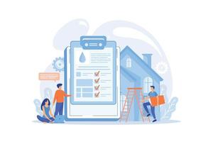 People near huge paper tablet with report of water flow and checkboxes analyzing data. Water management, ecology, IoT and smart city concept. flat vector modern illustration