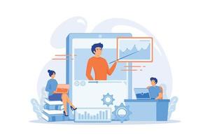 Students watching online training video with teacher and chart on tablet. Online teaching, share your knowledge, english teacher online concept. flat vector modern illustration