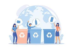 Eco activists sorting garbage. Waste segregation. Disposable system. Ecological responsibility. Trash containers, rubbish cans, recycling idea. vector