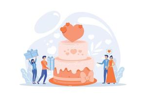 novia y novio en la fiesta de bodas e invitados con regalos en el gran pastel. planificación de bodas, ideas para fiestas nupciales, vestidos de dama de honor y concepto de batas. ilustración moderna de vector plano