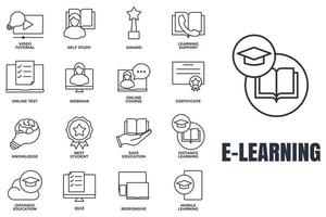 Set of E-learning, online education icon logo vector illustration. online course, mobile learning, certificate, award and more pack symbol template for graphic and web design collection