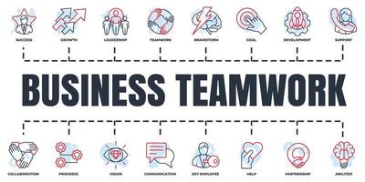 Business teamwork banner web icon set. brainstorm, abilities, progress, communication, partnership, teamwork and more vector illustration concept.