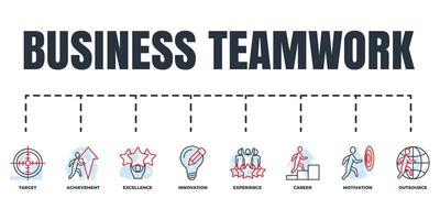 Business teamwork banner web icon set. motivation, excellence, outsource, innovation, experience, target, achievement, career vector illustration concept.