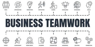 Business teamwork banner web icon set. team, planning, connection, innovation, experience, target and more vector illustration concept.