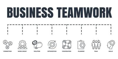 Business teamwork banner web icon set. team, planning, connection, cooperation, skills, optimization, work group, solution vector illustration concept.