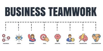 Business teamwork banner web icon set. brainstorm, abilities, progress, vision, key employee, goal, collaboration, support vector illustration concept.