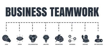 Business teamwork banner web icon set. brainstorm, abilities, progress, vision, key employee, goal, collaboration, support vector illustration concept.