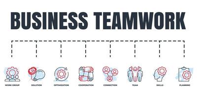 Business teamwork banner web icon set. team, planning, connection, cooperation, skills, optimization, work group, solution vector illustration concept.