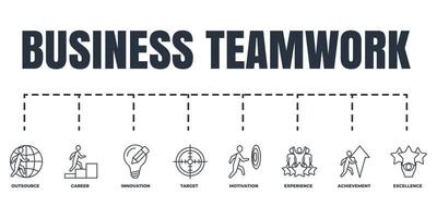 Business teamwork banner web icon set. motivation, excellence, outsource, innovation, experience, target, achievement, career vector illustration concept.