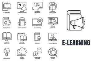 conjunto de e-learning, ilustración de vector de logotipo de icono de educación en línea. educación global, programa de estudio, globo de búsqueda, aprendizaje a distancia y más plantilla de símbolo de paquete para la colección de diseño gráfico y web