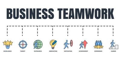 Business teamwork banner web icon set. motivation, excellence, outsource, innovation, experience, target, achievement, career vector illustration concept.