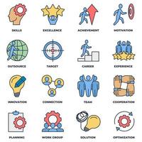 conjunto de ilustración de vector de logotipo de icono de trabajo en equipo de negocios. cooperación, habilidades, optimización, experiencia, objetivo, logro, carrera y más plantilla de símbolo de paquete para la colección de diseño gráfico y web