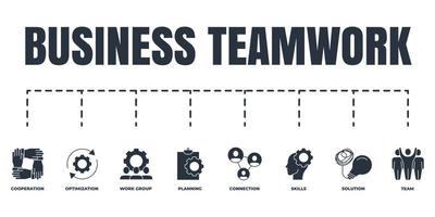 Business teamwork banner web icon set. team, planning, connection, cooperation, skills, optimization, work group, solution vector illustration concept.