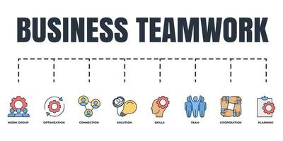 Business teamwork banner web icon set. team, planning, connection, cooperation, skills, optimization, work group, solution vector illustration concept.