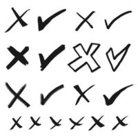 Doodle check mark and cross mark icon set. Tick symbol. checklist signs. vector illustration