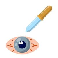 Pipette and eyedropper. Flat Drop of water. Blue human pupil. Red eye disease. Medicine for blood vessels and Allergy Problems. Conjunctivitis and health vector