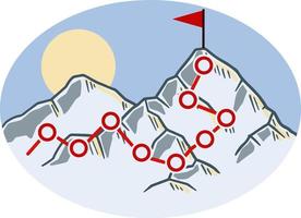 Climbing mountain with red flag. Points and stages of route. Business motivation in personal growth. Mountaineering and sports. Cartoon flat icon. Self-development and success vector