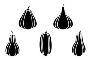 calabaza negra. conjunto de siluetas de diferentes calabazas. siluetas negras de calabazas. aislado en blanco vector