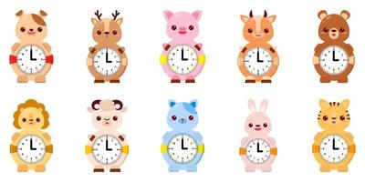 Children's round mechanical watch with animals. Children's time. watches kids. clock for kids. Set vector
