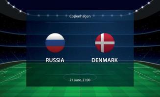 Russia vs Denmark football scoreboard. Broadcast graphic soccer vector