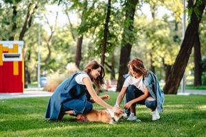 dos amigas en el parque juegan con un perrito foto