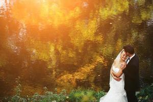 Beautiful wedding couple posing in forest photo