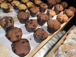 líneas de deliciosos muffins de chocolate y vainilla muffins caseros recién horneados con chispas de chocolate foto