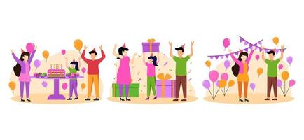 Birthday Party with Family Scene Flat Bundle Design vector