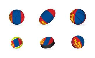 Sports equipment with flag of Mongolia. Sports icon set.