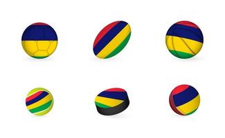 Sports equipment with flag of Mauritius. Sports icon set. vector