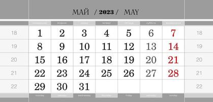 bloque trimestral del calendario para el año 2023, mayo de 2023. calendario de pared, inglés y ruso. la semana comienza a partir del lunes. vector