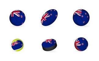 Sports equipment with flag of New Zealand. Sports icon set. vector