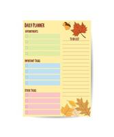 organizador de plantillas de planificador diario y calendario con lugar para objetivos de notas y diseño de plantilla de lista de tareas con hojas de otoño vector