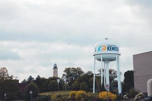 Kenosha, Wisconsin, water tower with lighthouse in background. Cloudy sky in autumn. Bushes flowering and some turning yellow. Lone bird in the sky. Bird houses also in the grass. photo