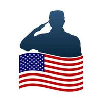 Saluting soldier silhouette with American flag vector