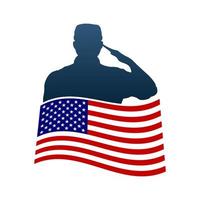 Saluting soldier silhouette with American flag vector